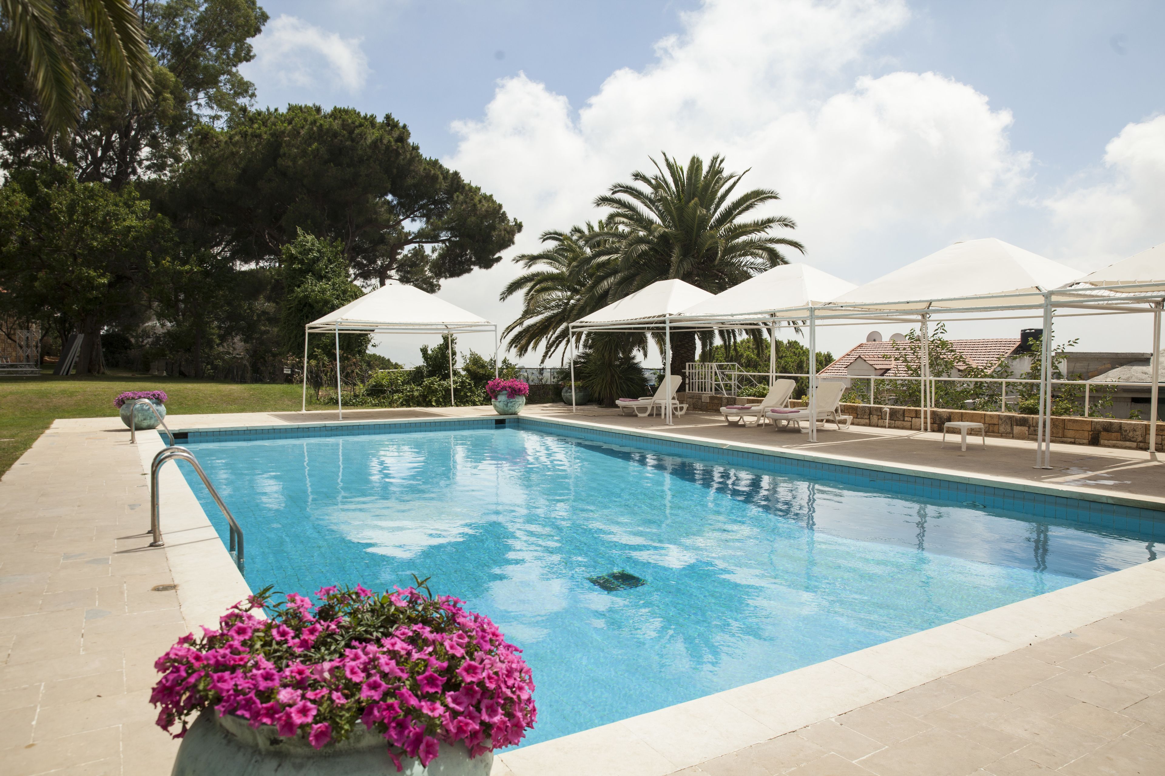 indoor pool, seasonal outdoor pool, pool loungers