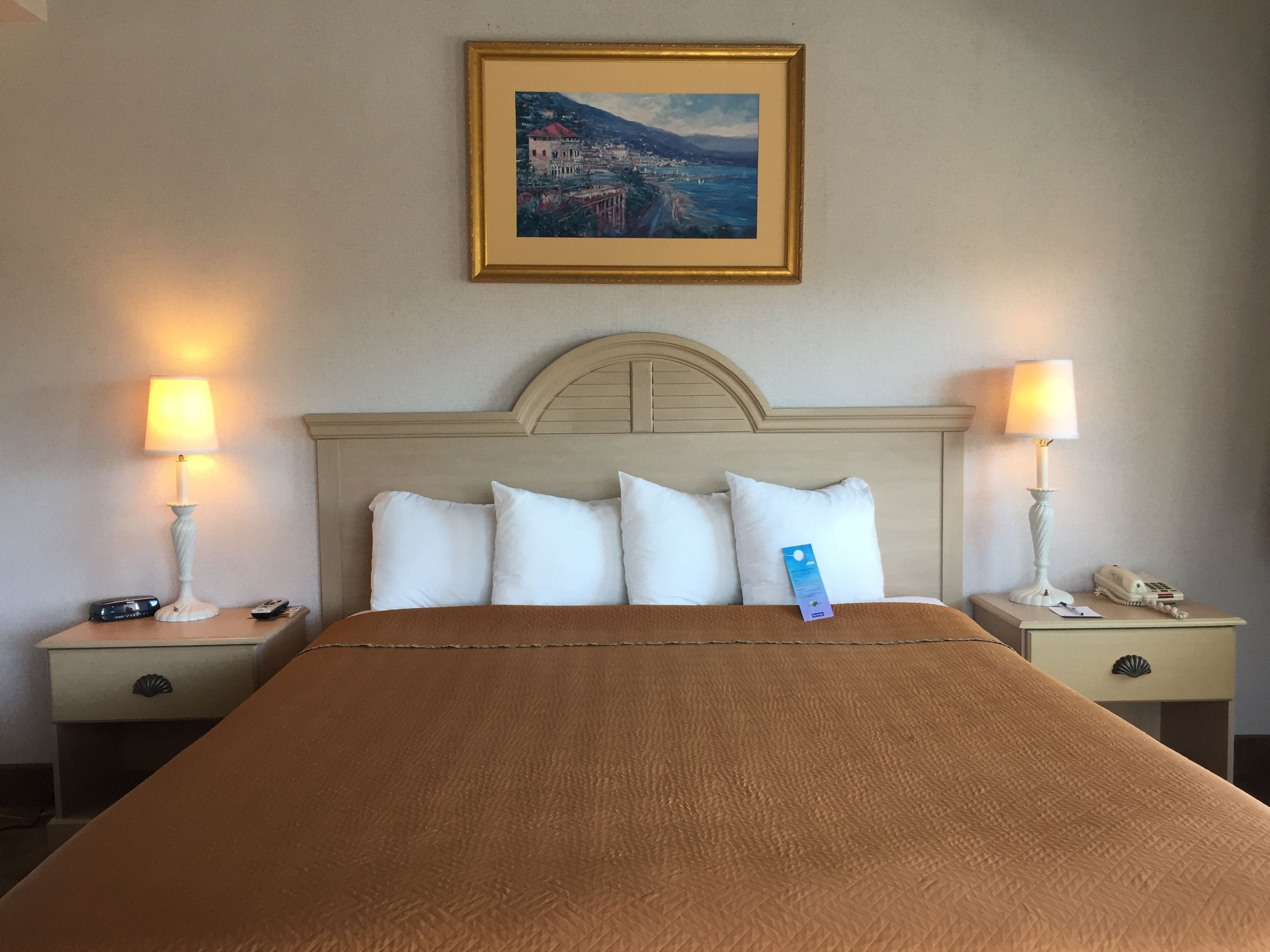 A hotel room with a large bed, two bedside tables with lamps, a framed painting on the wall, and a view of a coastal landscape.
