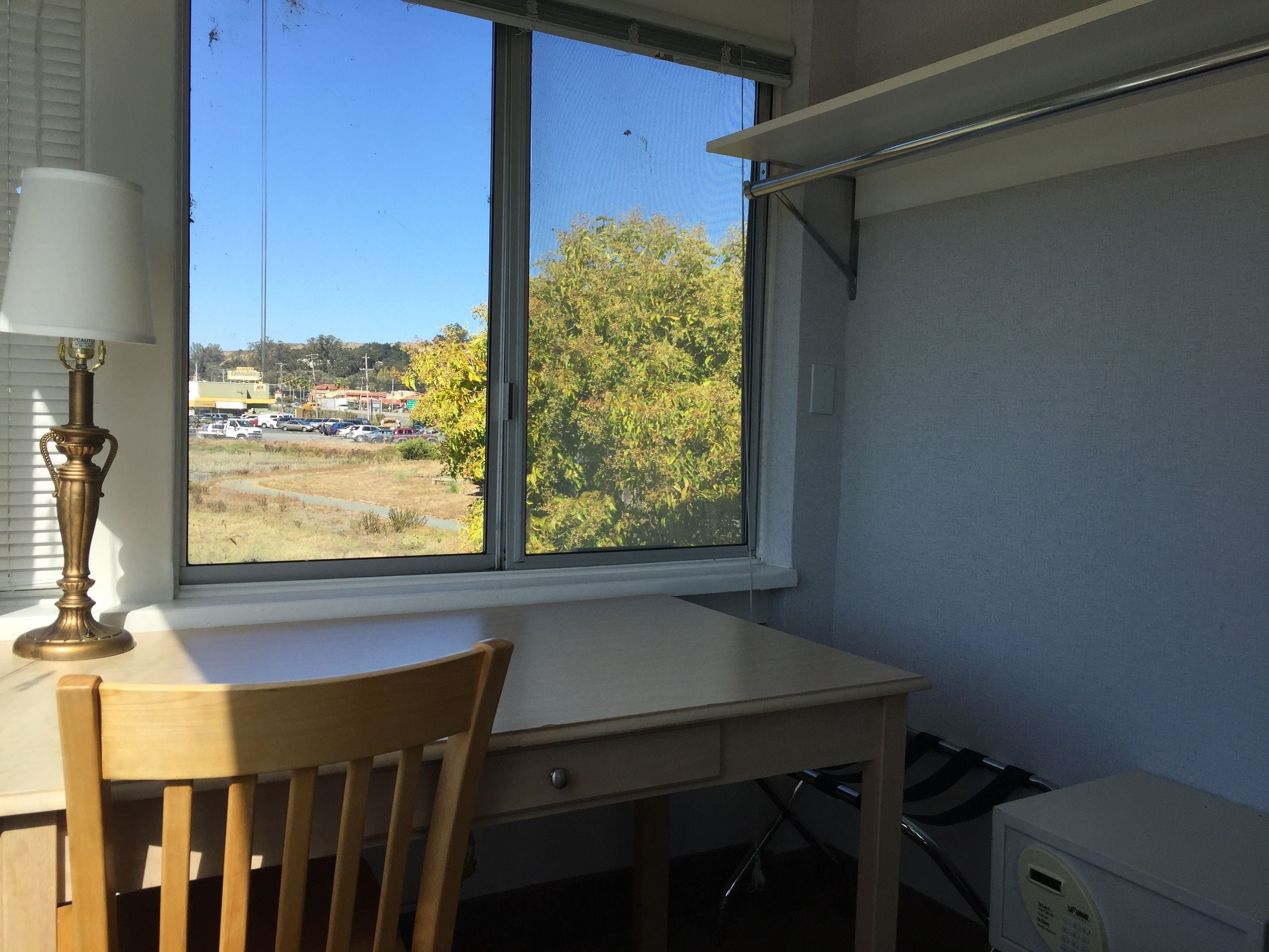 A room with a desk, chair, lamp, and a window with a view of a parking lot and trees.
