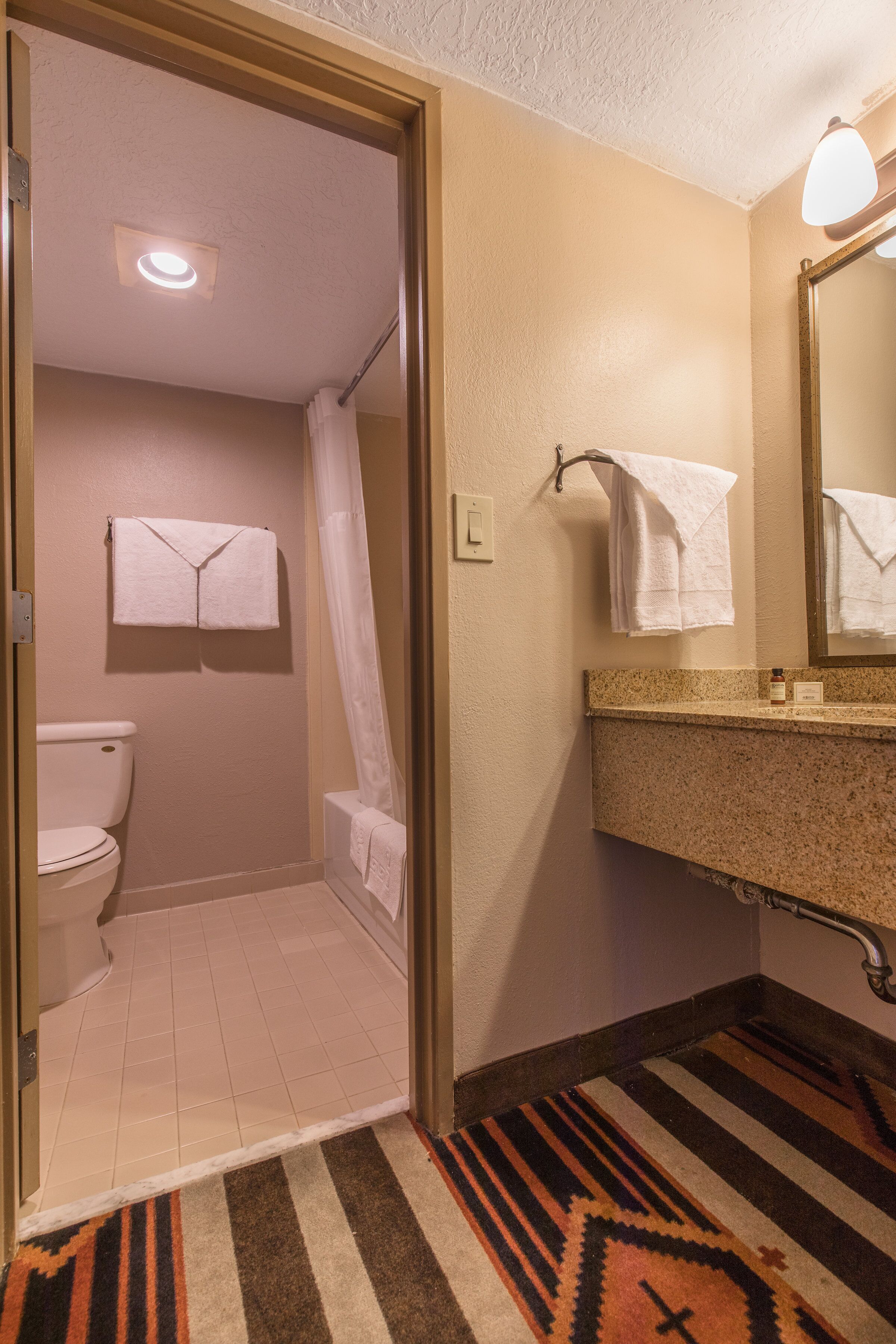 Un bagno con WC, doccia e lavandino.