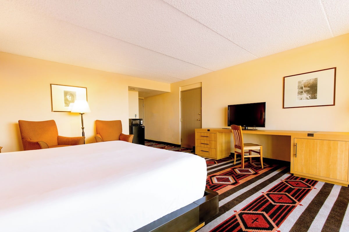 Habitación de hotel con una cama grande, un escritorio con silla, televisión y armario.