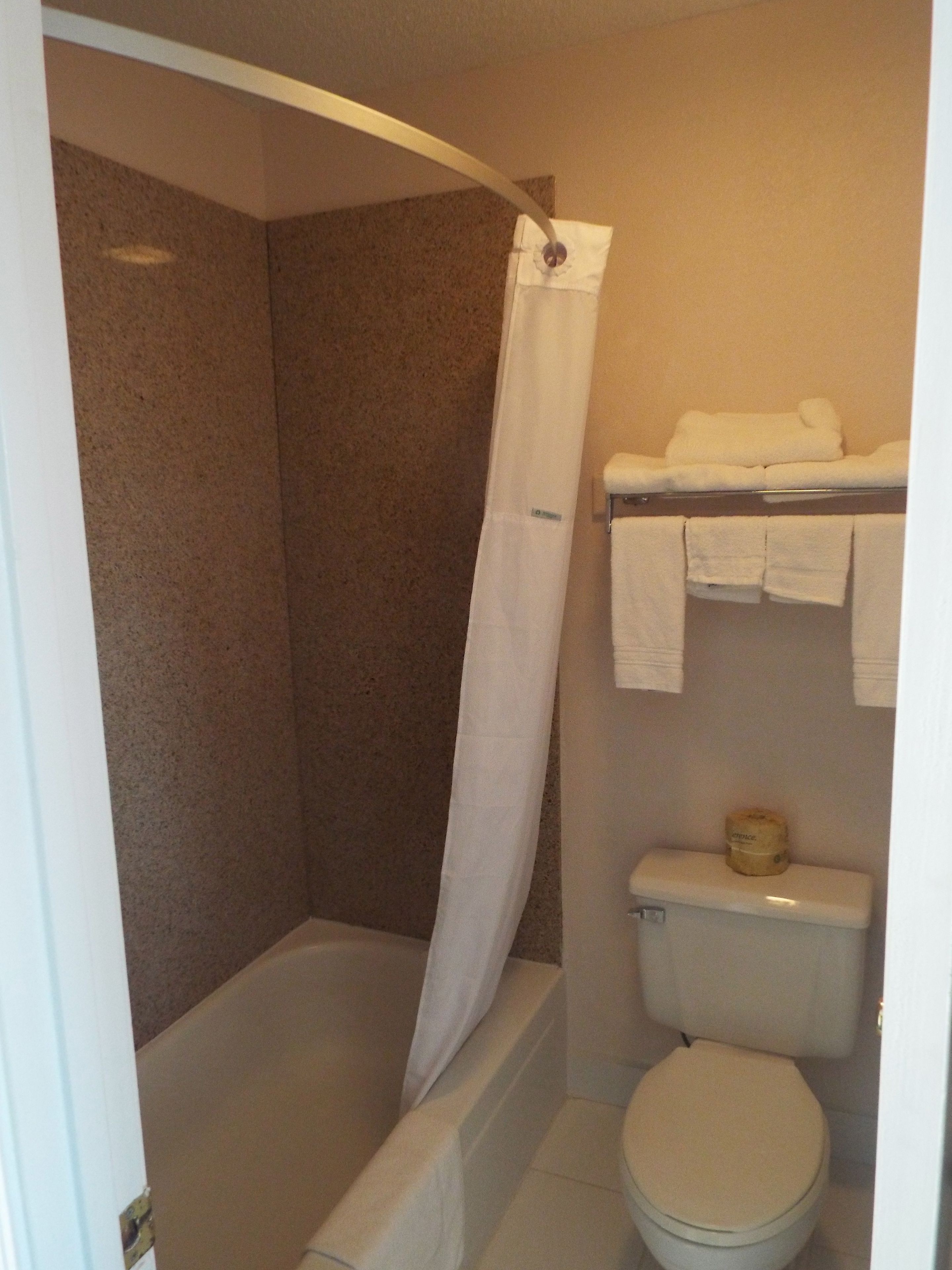 Ein Badezimmer mit Badewanne, Duschvorhang, Toilette und einem Handtuchhalter mit Handtüchern.