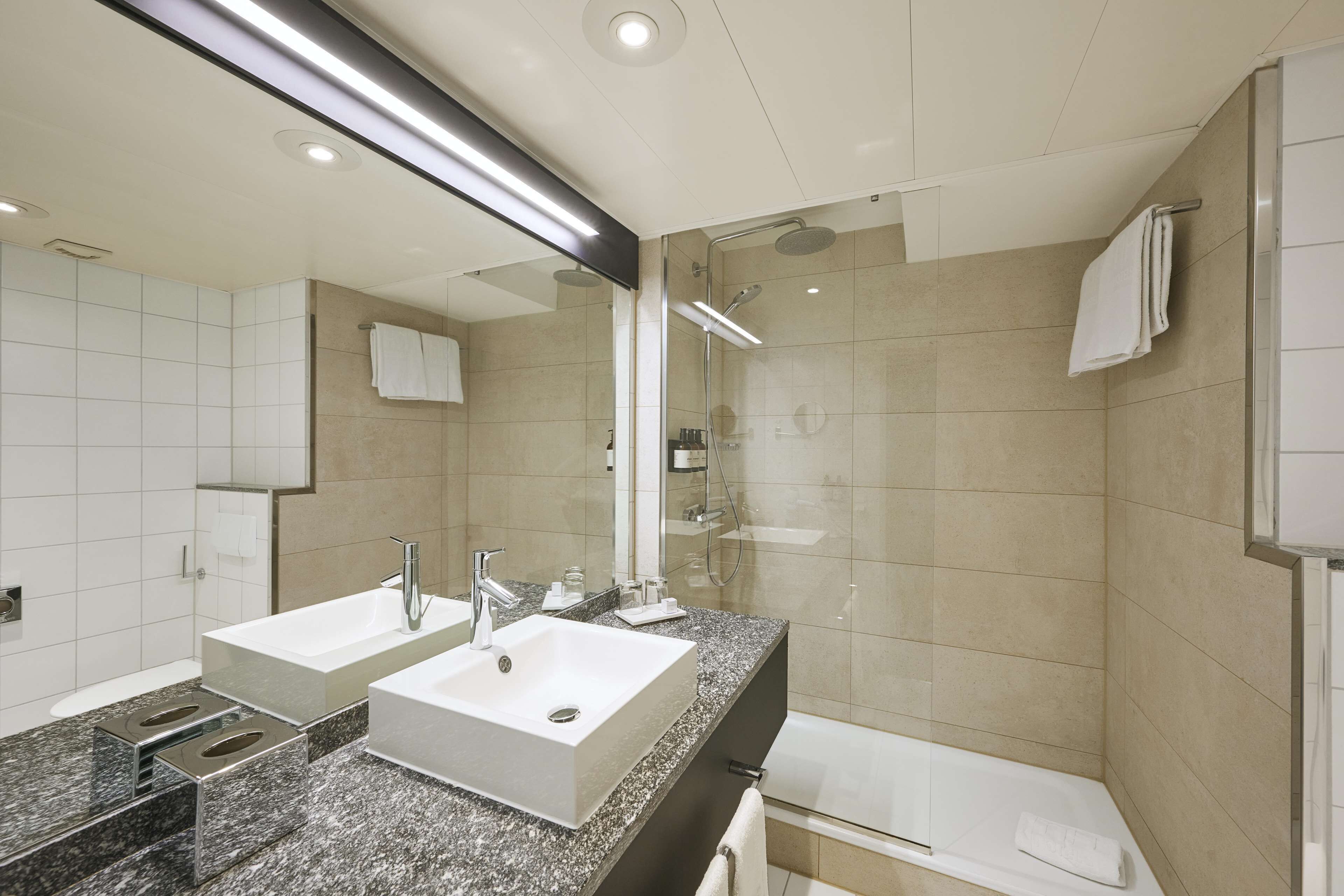 shower, eco-friendly toiletries, hair dryer, towels