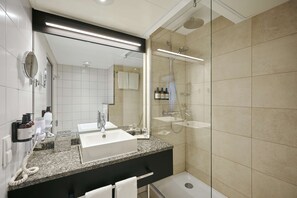Shower, eco-friendly toiletries, hair dryer, towels