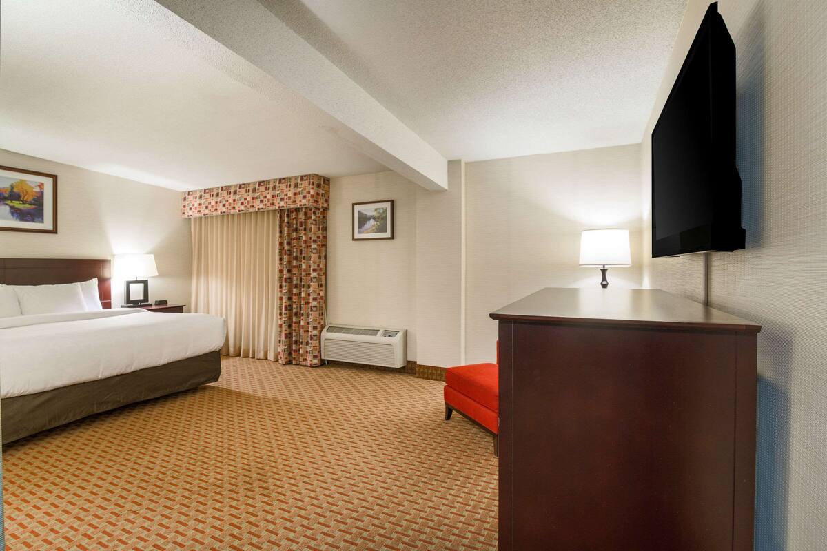 A hotel room with a bed, a desk, a chair, a television, a lamp, and an air conditioning unit.