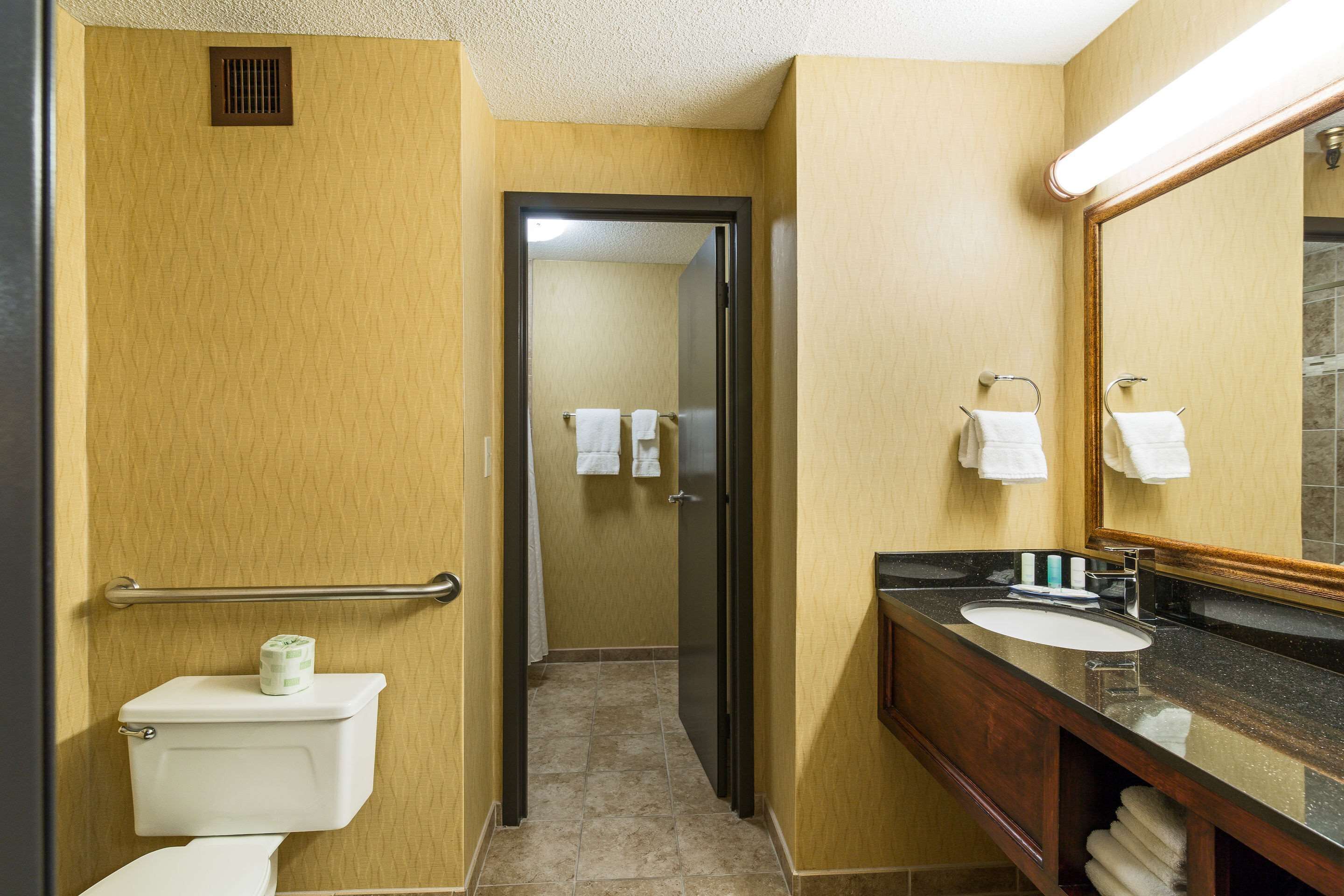 A hotel bathroom with a toilet, sink, and mirror.