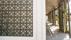 Fachada de edificio con celosía metálica geométrica, paseo de concreto y balcón con plantas.