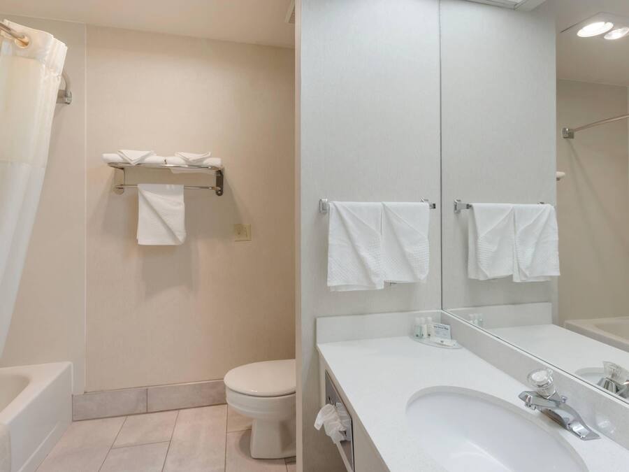Un baño moderno con bañera, inodoro y un espejo grande.