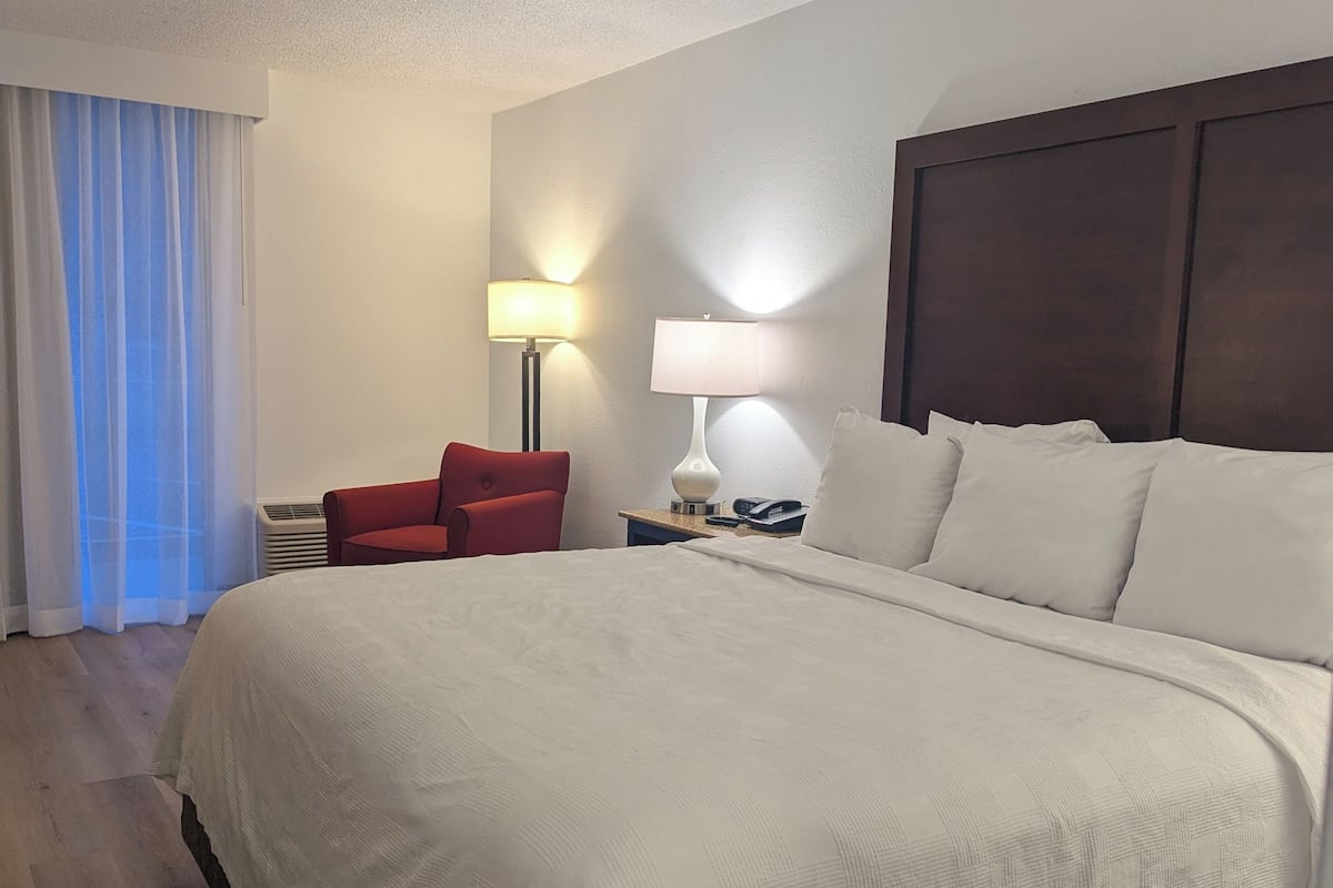 A hotel room with a large bed, a red chair, a nightstand with a lamp, and a window with curtains.