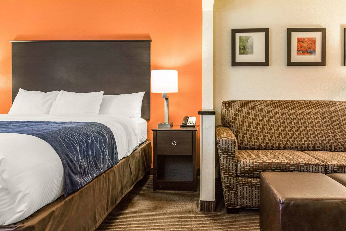A hotel room with a bed, a nightstand with a lamp, a patterned sofa, and two framed pictures on the wall.