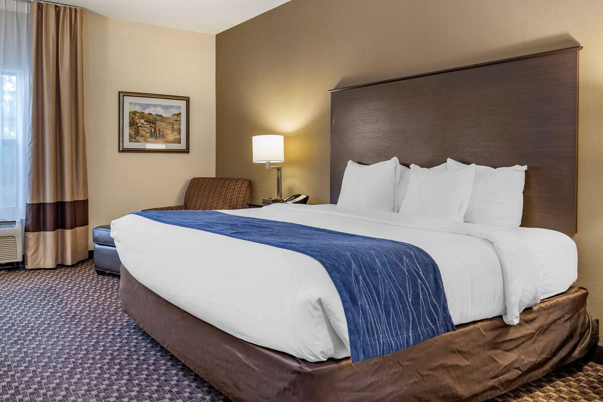 A hotel room with a large bed, a chair, a desk, a lamp, and a framed picture on the wall.
