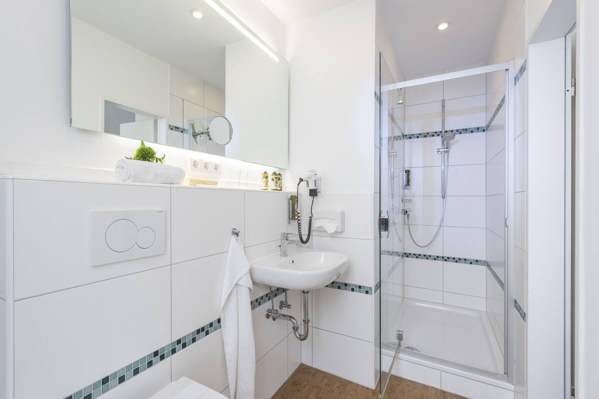 shower, free toiletries, hair dryer, towels