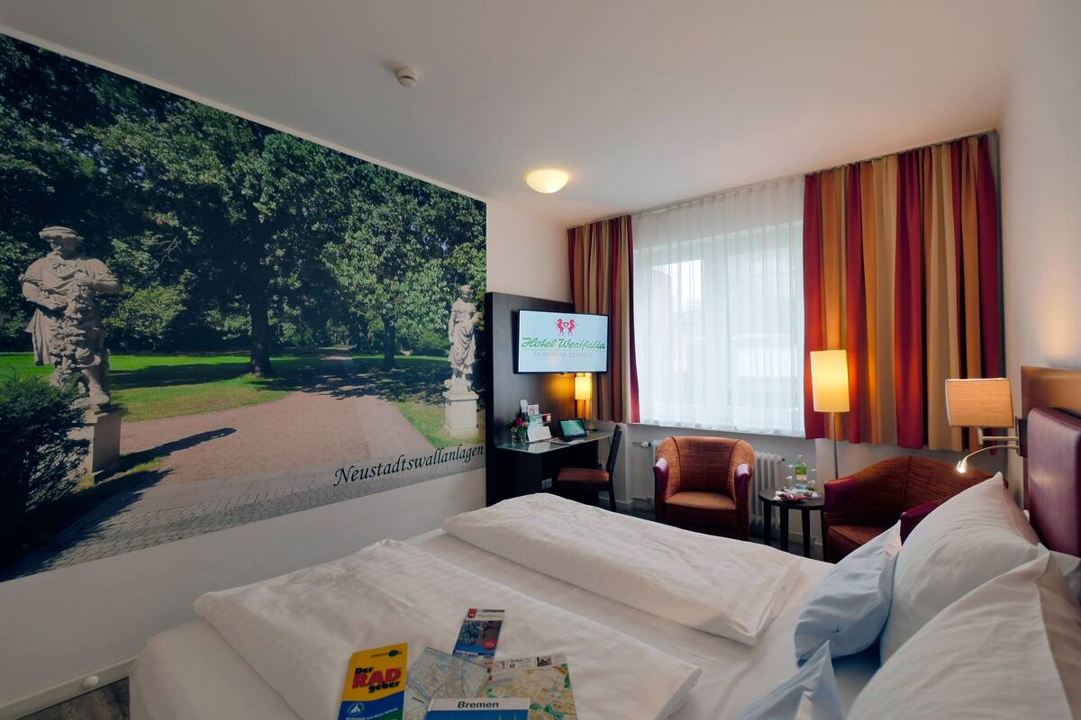 comfort double room | hypo-allergenic bedding, desk, laptop workspace, blackout curtains