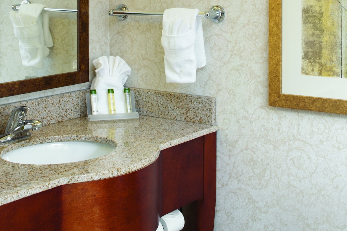 combined shower/bathtub, designer toiletries, hair dryer, towels