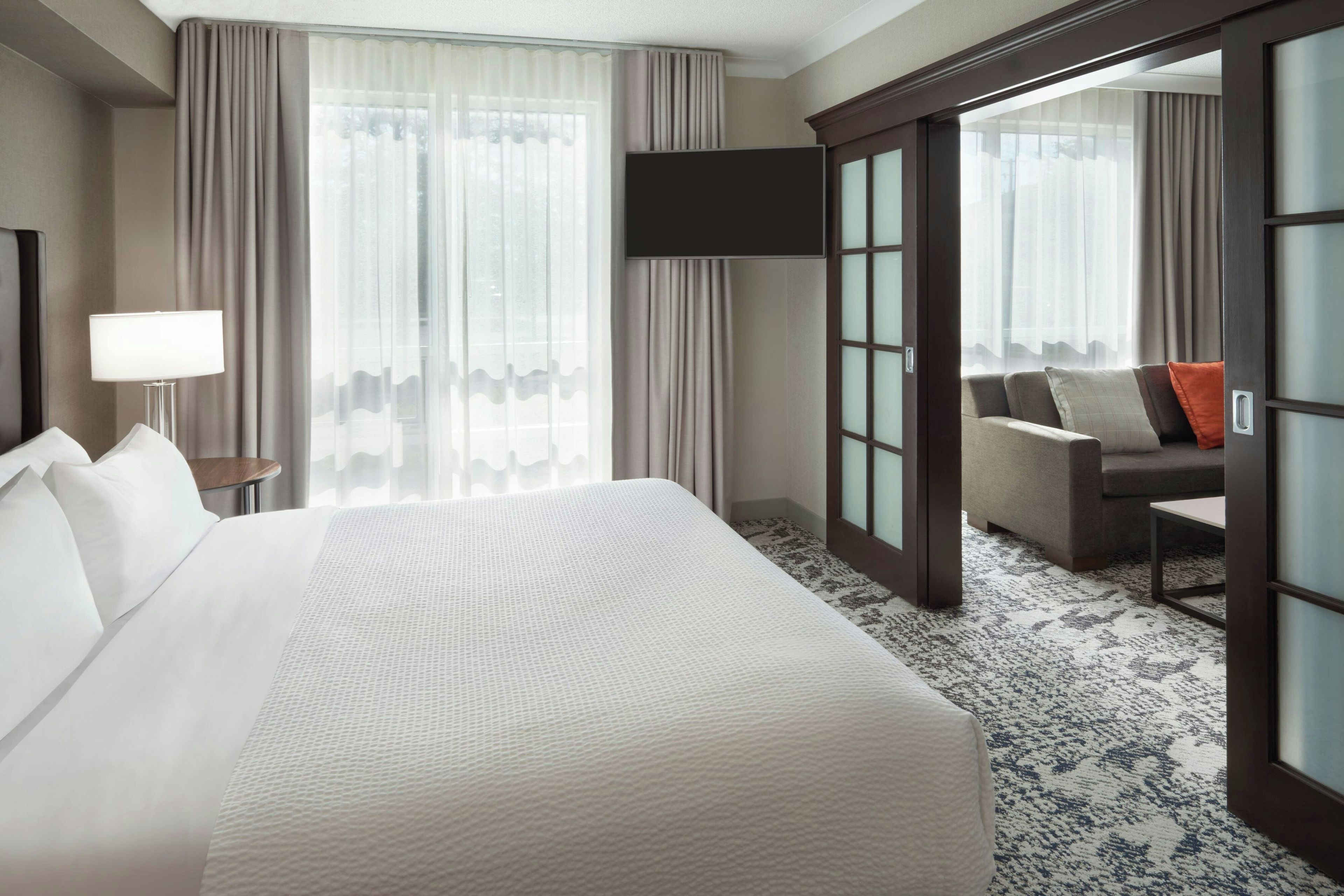 A hotel room with a large bed, a TV, a sofa, and a view of the outdoors.