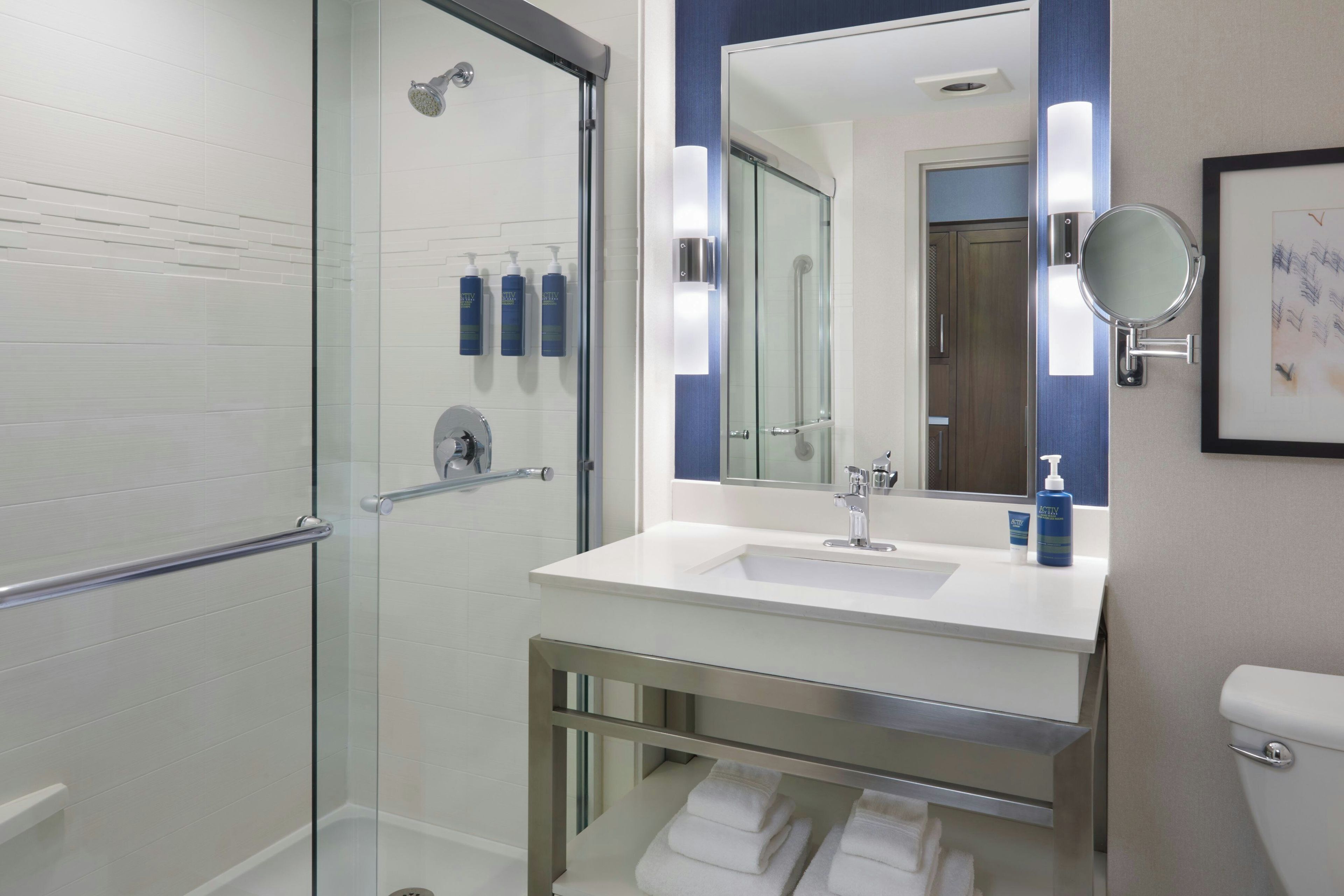 A modern bathroom with a glass shower enclosure, a white sink with a mirror, and a toilet.
