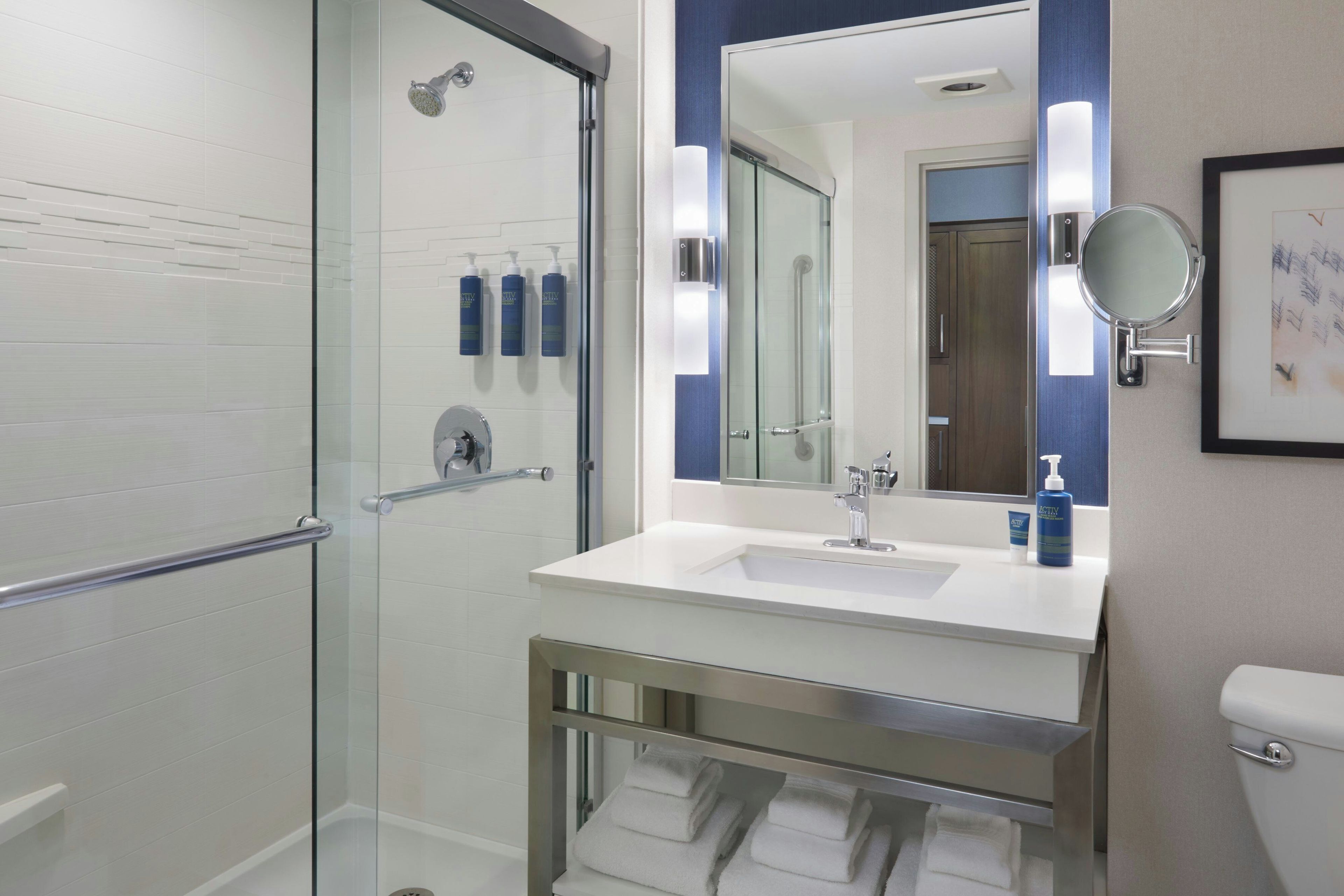 Une salle de bain moderne avec une douche à parois de verre, un lavabo blanc avec un miroir au-dessus et des toilettes.