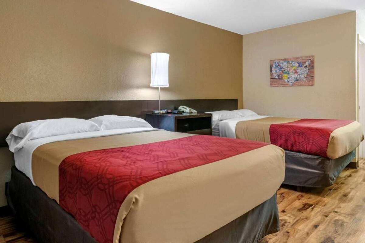 Quarto de hotel com duas camas, uma mesinha de cabeceira, uma luminária e um objeto decorativo na parede.