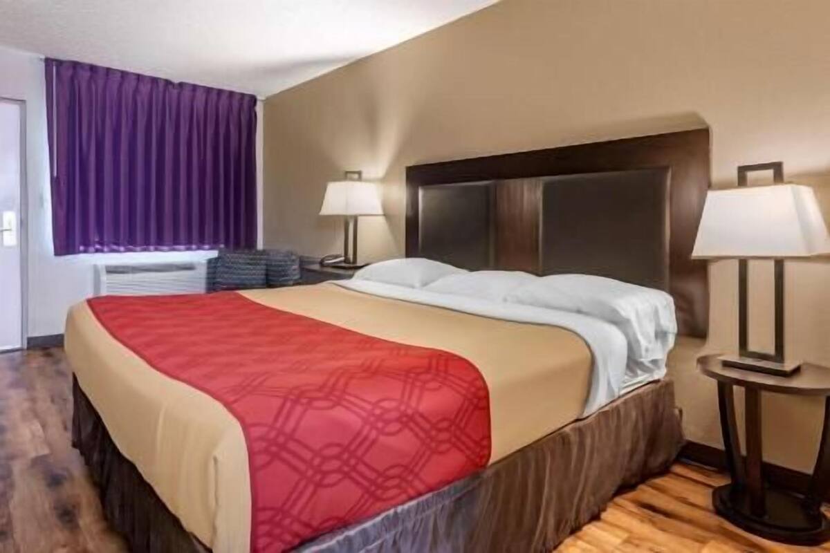 A hotel room with a bed, two bedside lamps, a window with purple curtains, and a headboard.