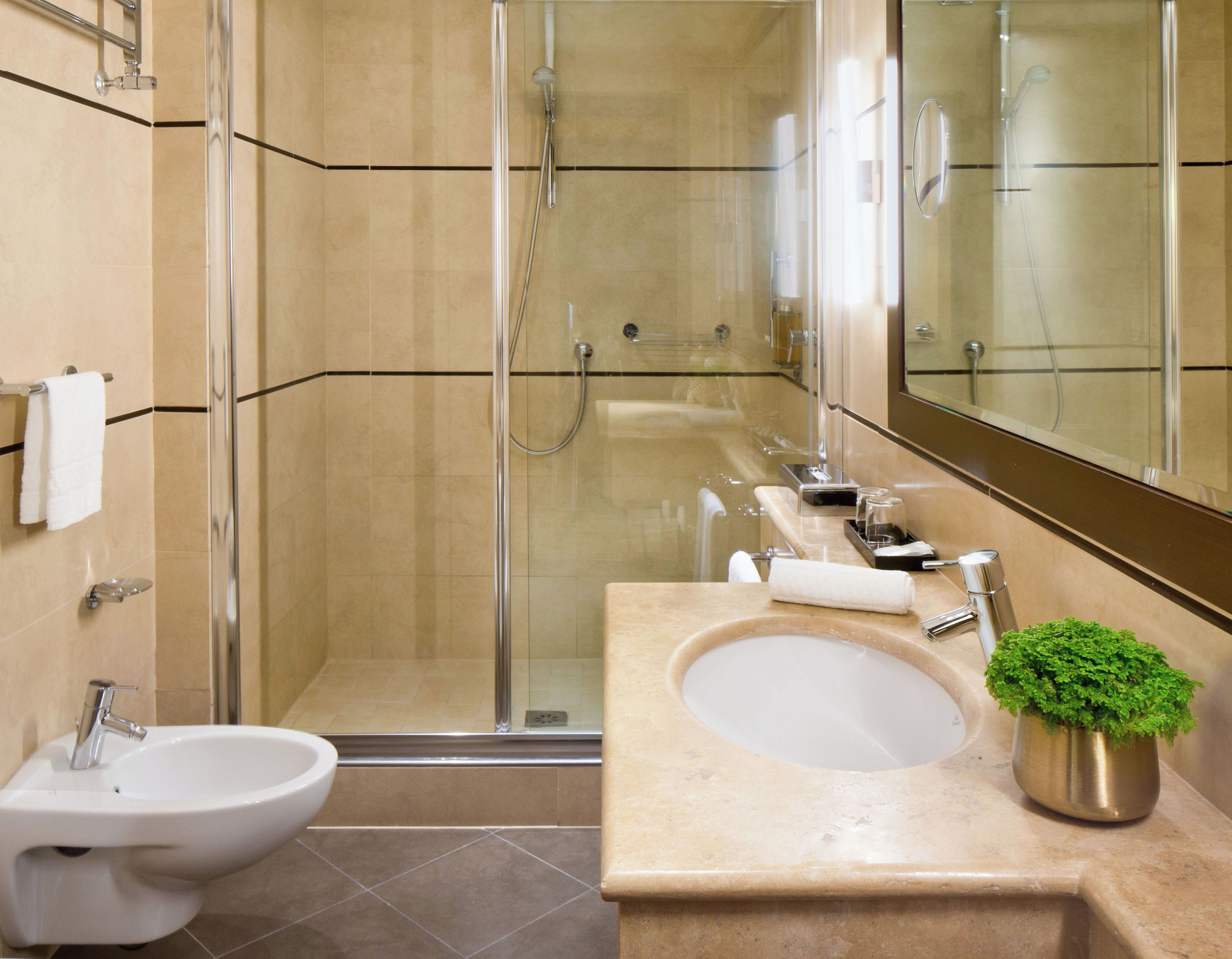 A modern bathroom with a glass-enclosed shower, a white sink with a green plant, and a bidet.