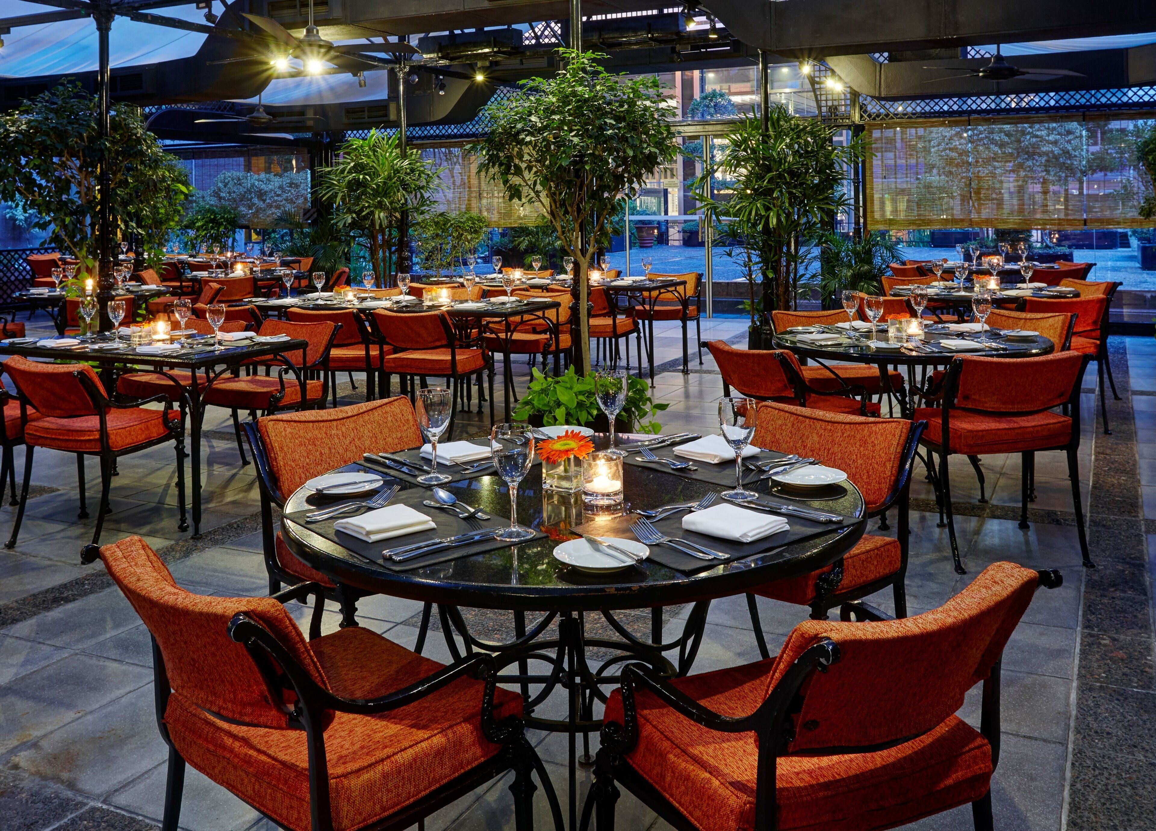 An outdoor dining area with round tables, orange chairs, and potted plants.
