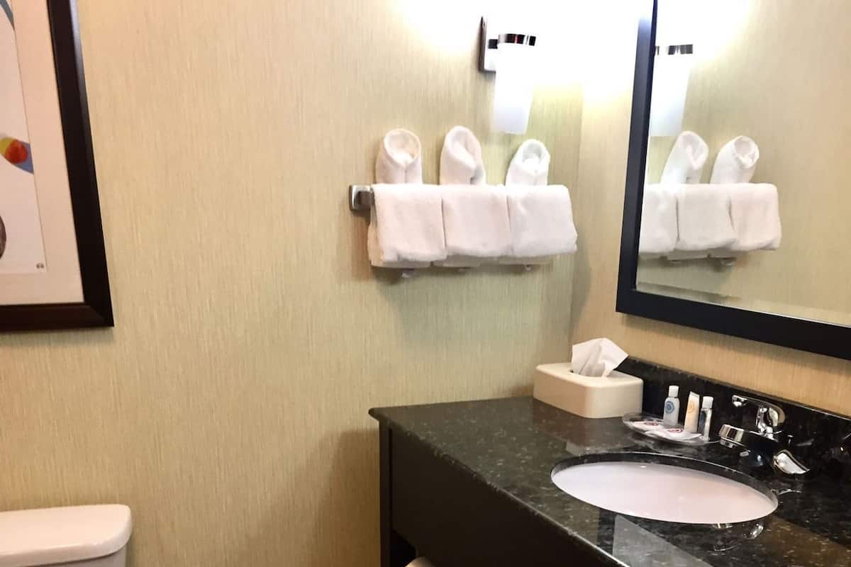 Une salle de bain comprenant des toilettes, un lavabo, un miroir, un porte-serviettes et une poubelle.