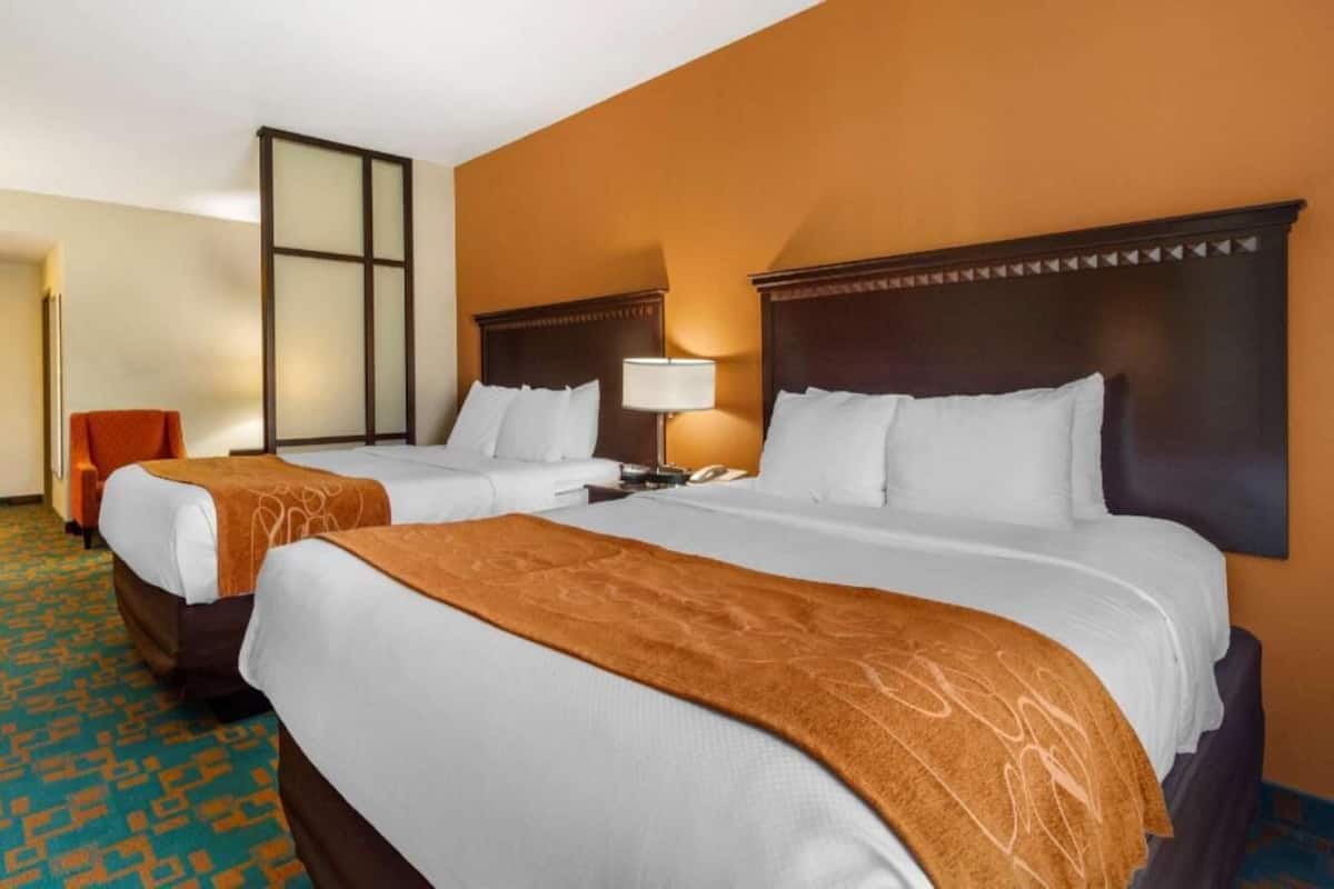 Une chambre d’hôtel avec deux lits, une table de chevet, une lampe et une chaise.