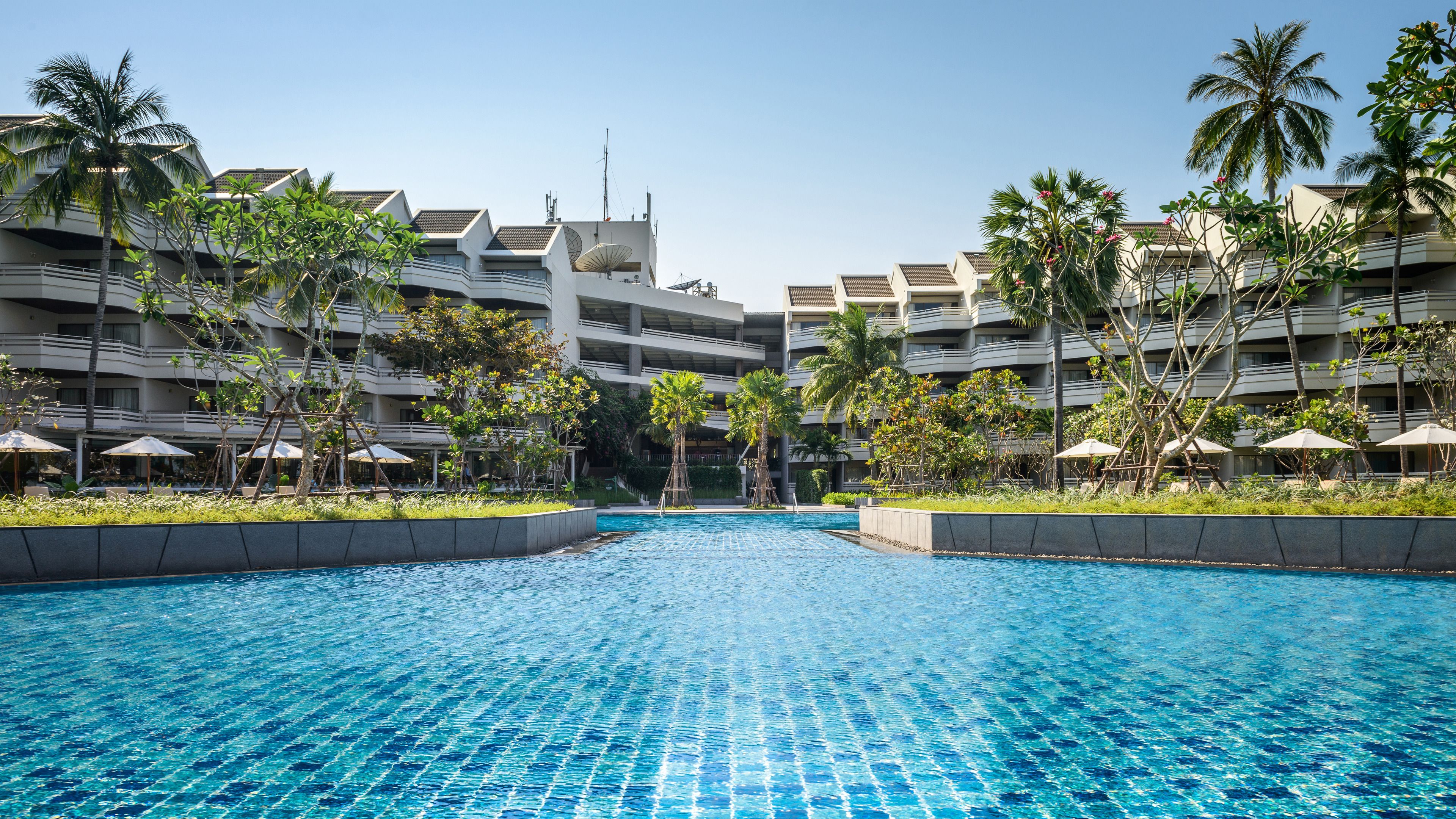A hotel pool area with clear blue water, surrounded by palm trees and umbrellas.