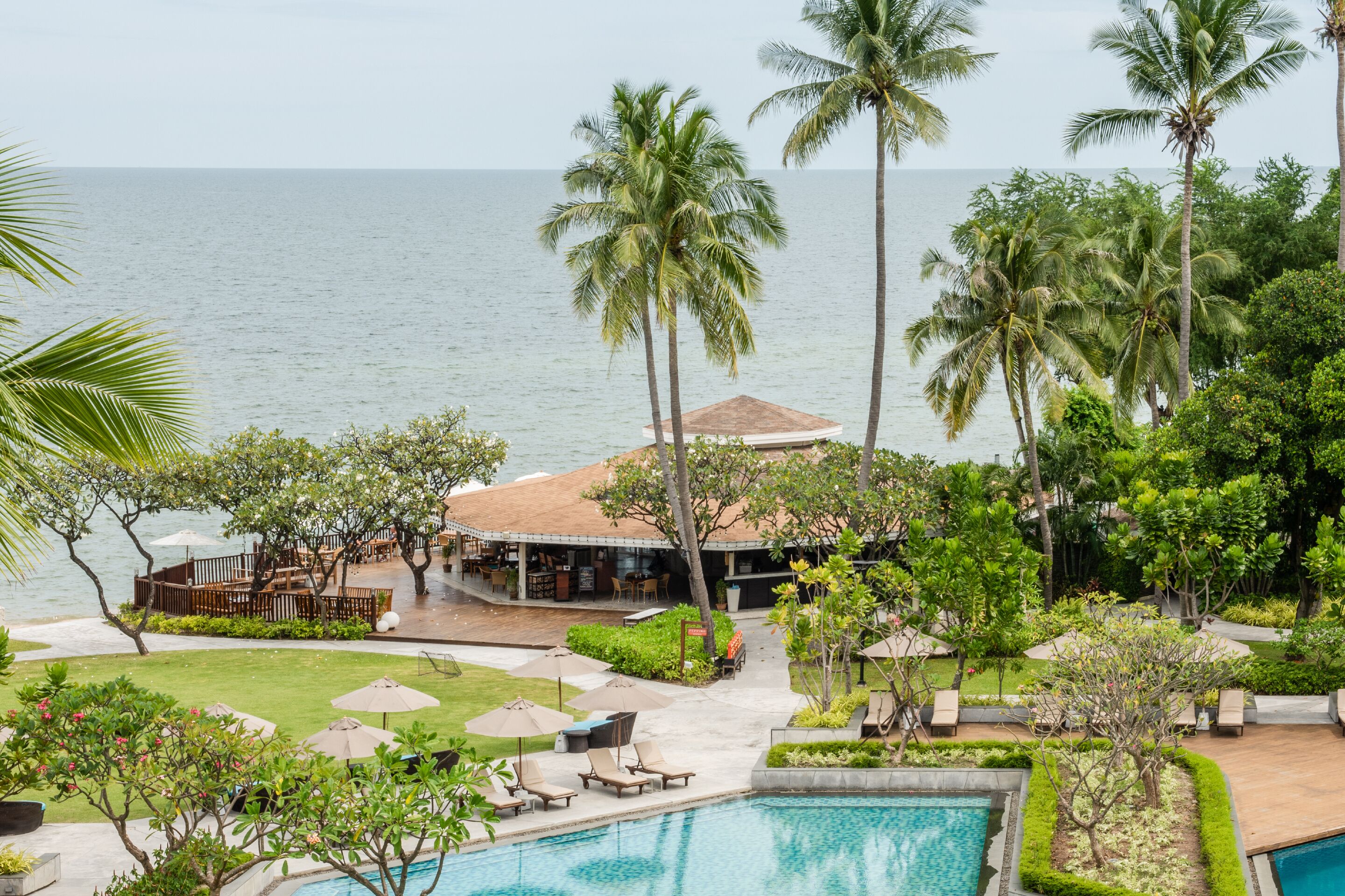 A resort with a pool, lounge chairs, palm trees, and a view of the ocean.