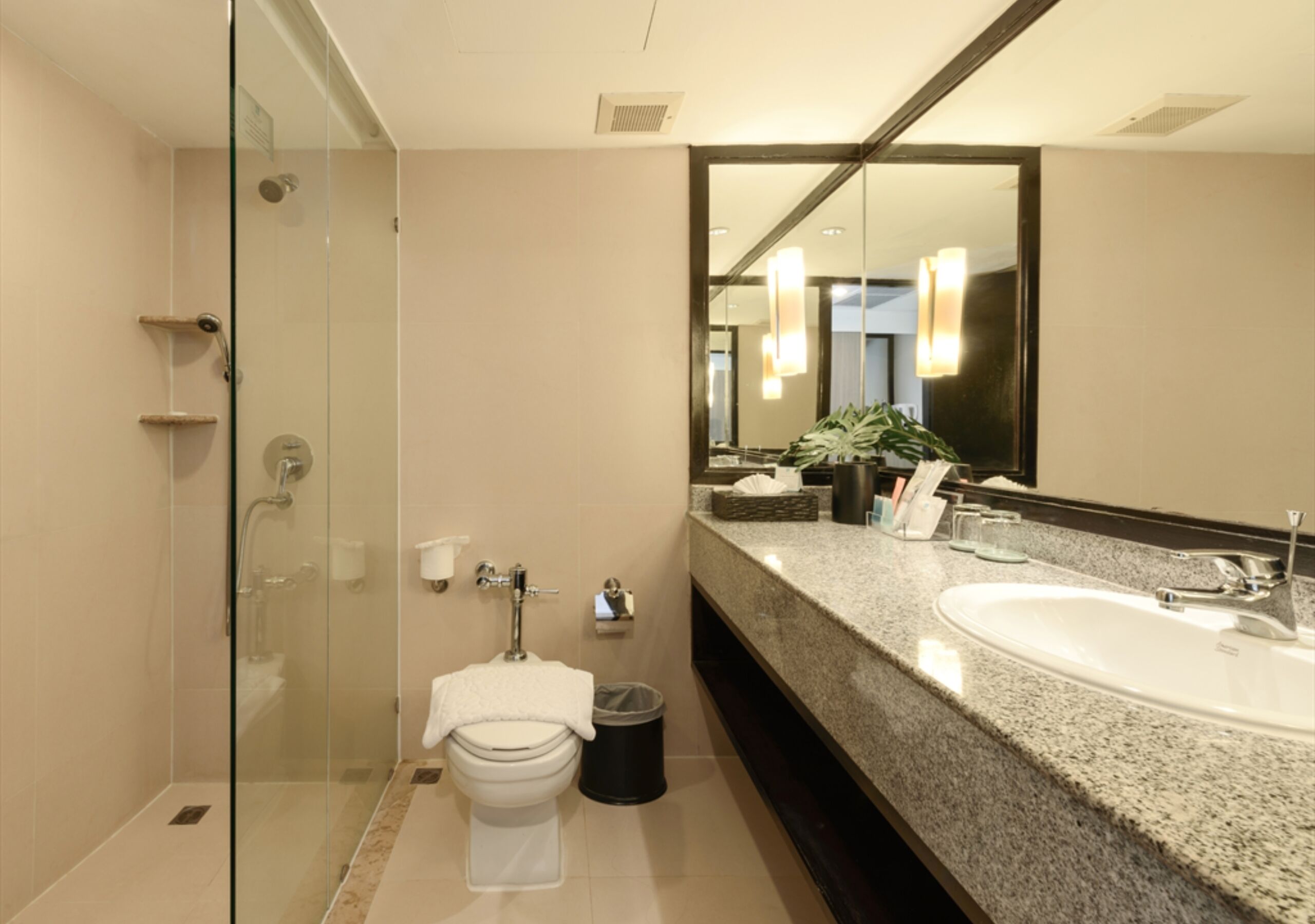 Een moderne badkamer met een douchecabine van glas, een wit toilet, een wastafel met een grote spiegel en een prullenbak.