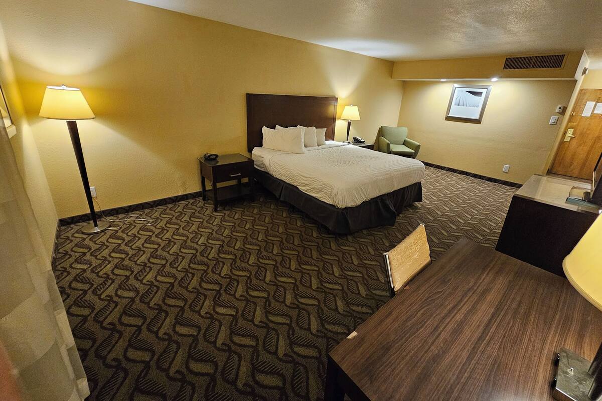 A hotel room with a bed, two bedside lamps, a chair, a desk, and a patterned carpet.