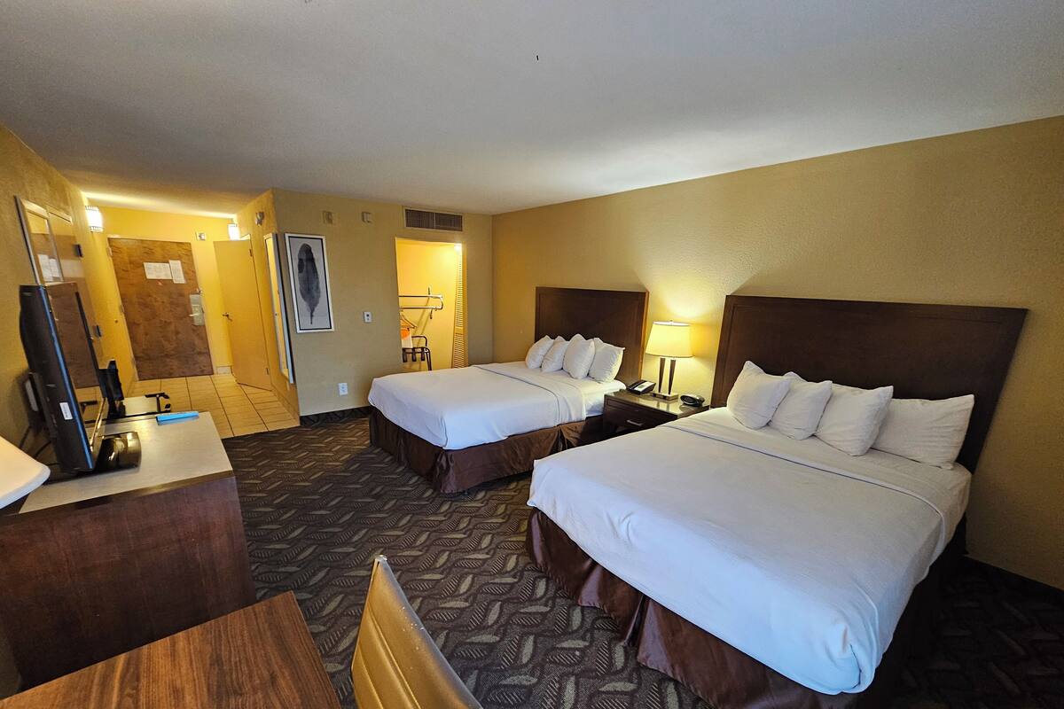 A hotel room with two beds, a desk, a chair, a TV, and a lamp.