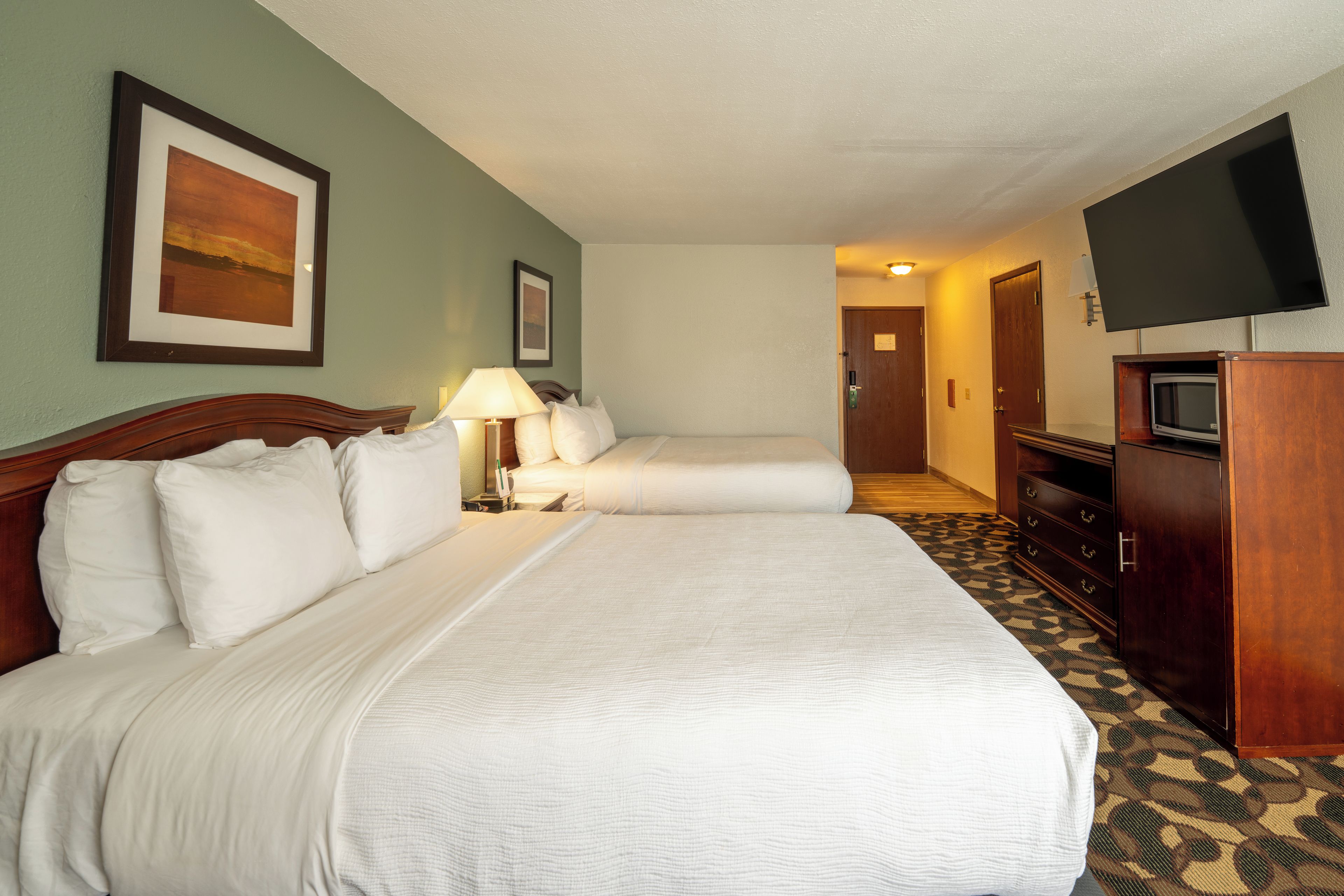 Habitación de hotel con dos camas, televisión, escritorio con lámpara y alfombra estampada.