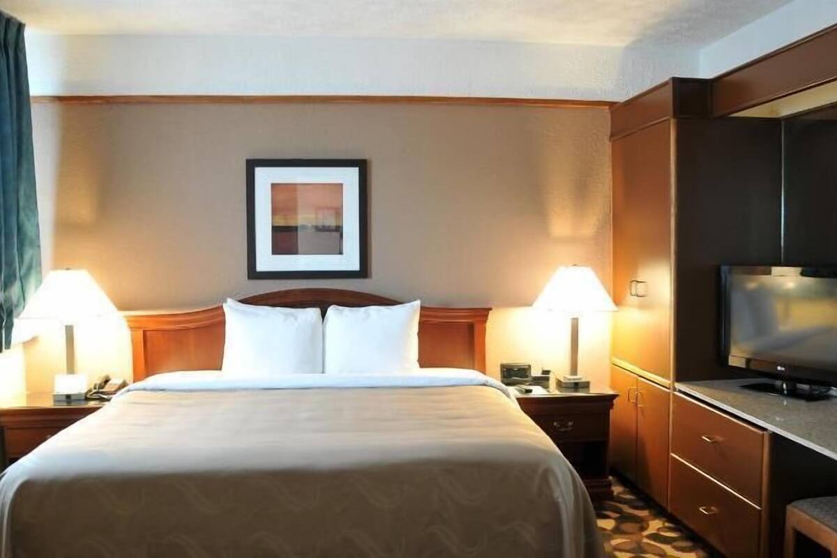 Habitación de hotel con cama, dos mesitas de noche, televisor, escritorio con silla y un cuadro en la pared.