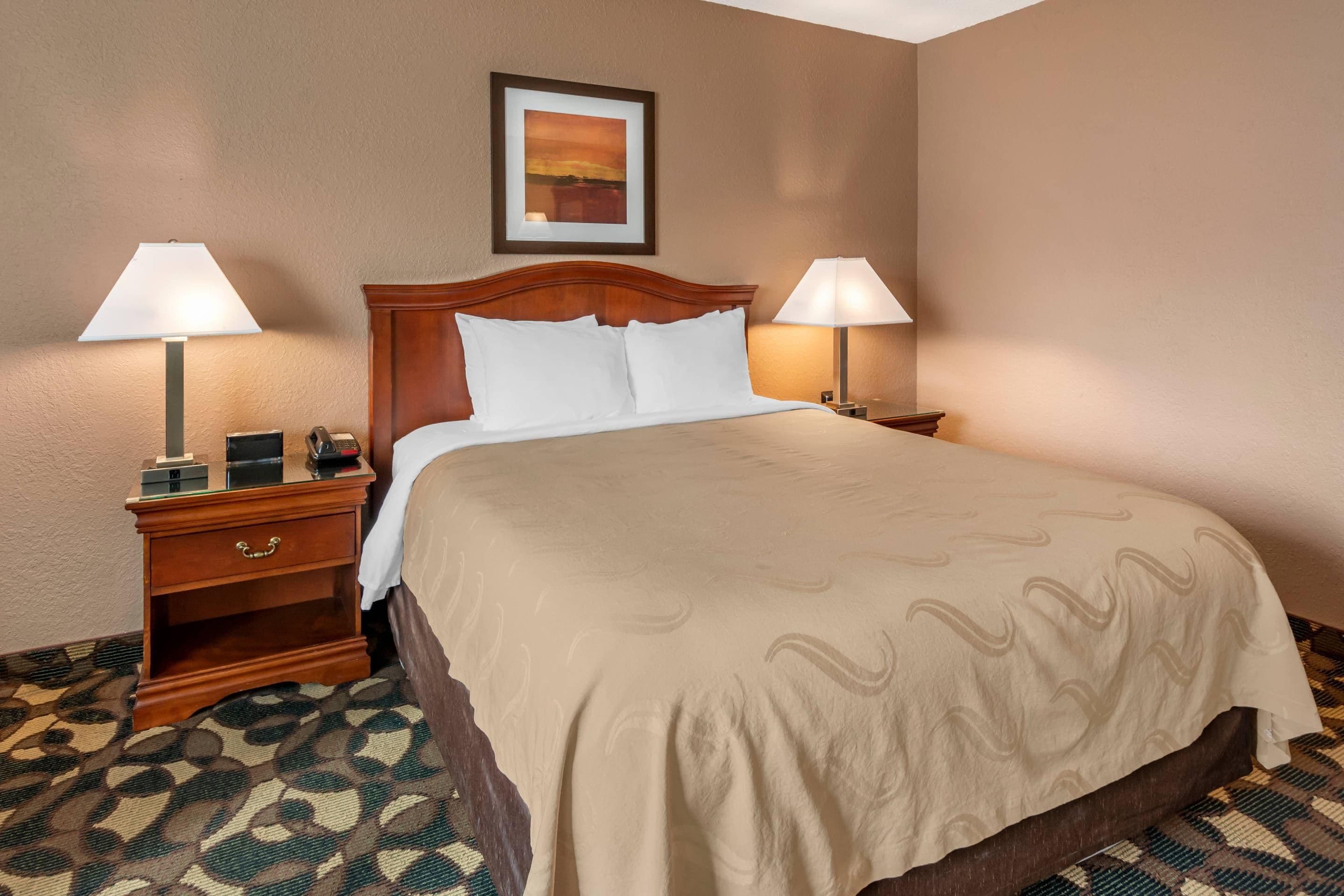 A hotel room with a large bed, two bedside tables with lamps, a telephone, and a framed picture on the wall.