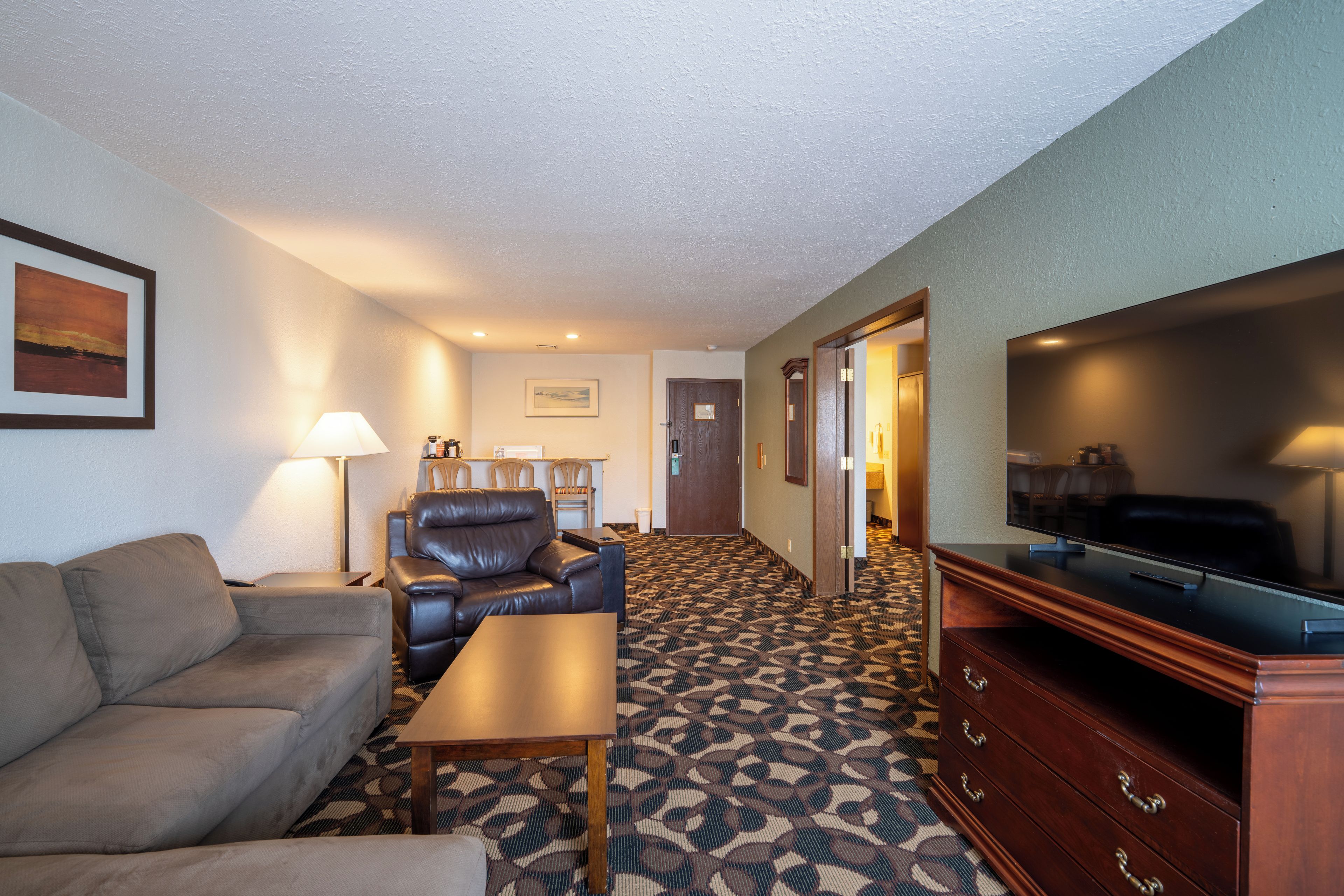 Une chambre d’hôtel avec un canapé, un fauteuil, une télévision, une lampe et une moquette à motifs.