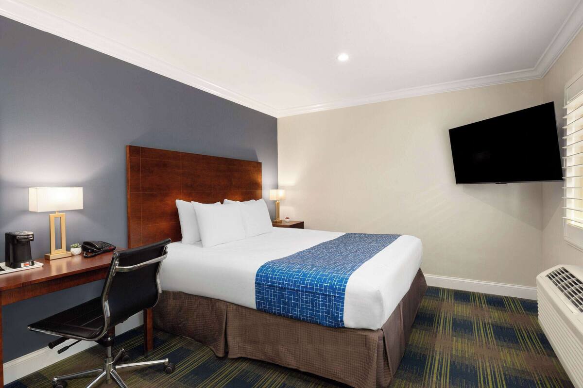 A hotel room with a bed, a desk with a chair, a flat-screen TV mounted on the wall, and a heater on the floor.