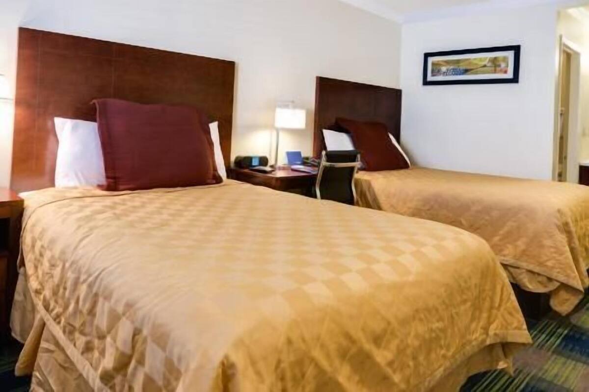 Habitación de hotel con dos camas, un escritorio, una silla y un cuadro en la pared.