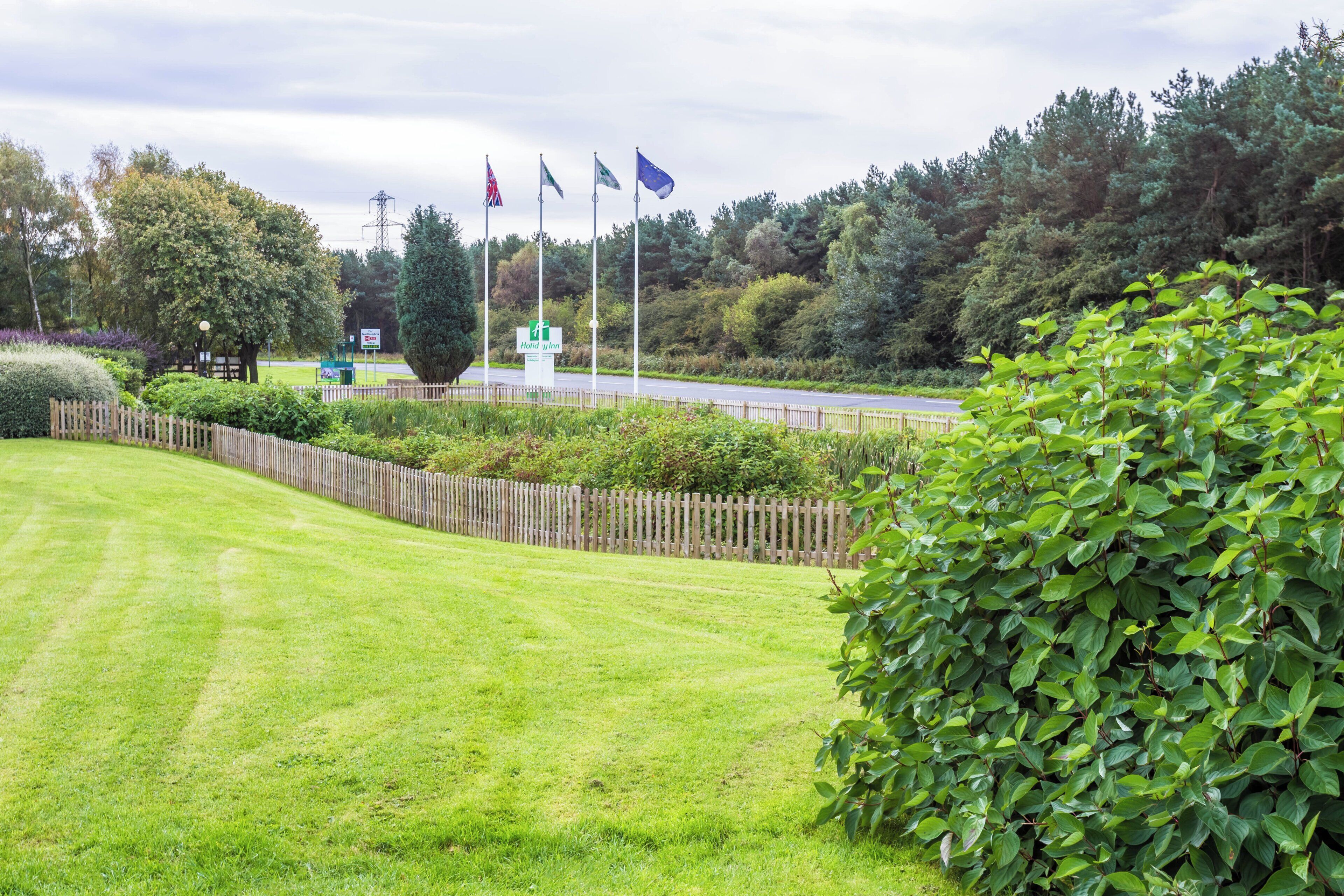 A well-maintained lawn, a wooden fence, and a sign for a Holiday Inn.