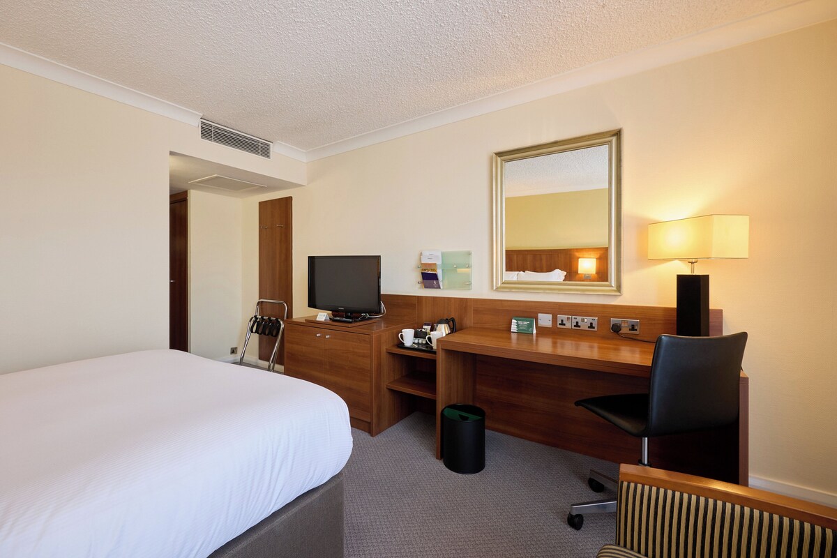 A hotel room with a bed, a desk, a chair, a television, a mirror, and a lamp.