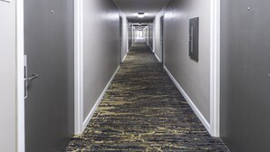 Un pasillo de hotel con piso alfombrado y puertas a ambos lados, con un cartel que indica la habitación 101.