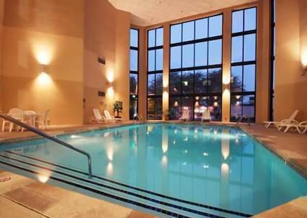 Indoor pool, open 9 AM to 10 PM, pool loungers