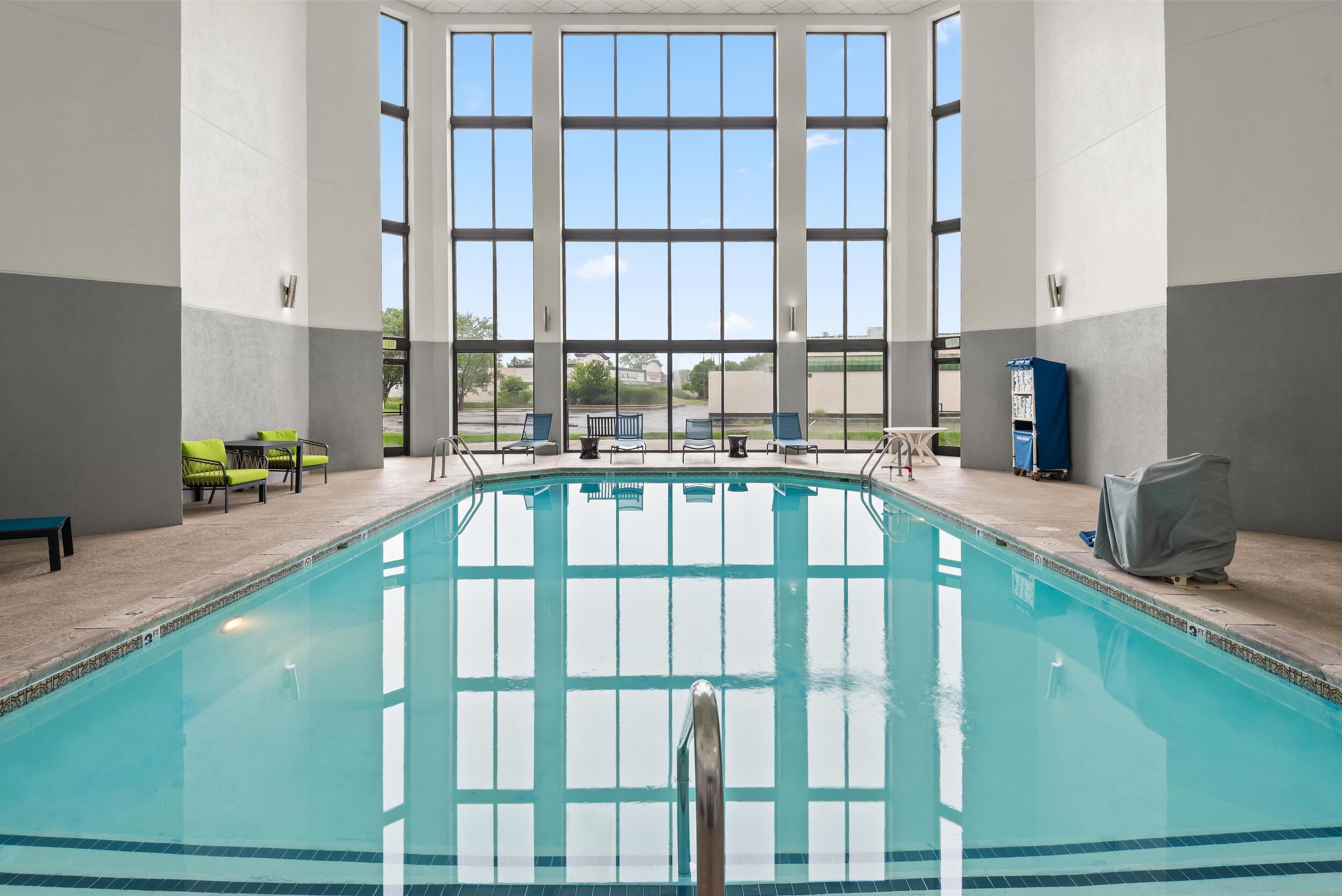 Indoor pool, open 9 AM to 10 PM, pool loungers