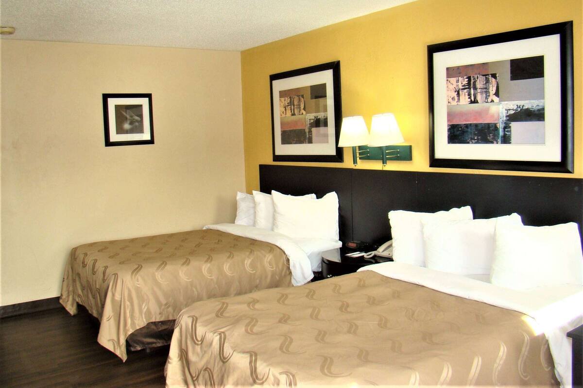 A hotel room with two beds, a nightstand, a lamp, and framed pictures on the wall.