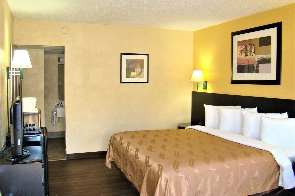 A hotel room with a bed, a desk with a computer, a lamp, and a framed picture on the wall.