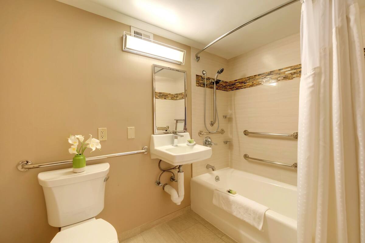 combined shower/bathtub, free toiletries, hair dryer, towels
