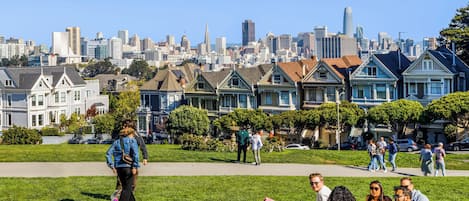 A park with people relaxing on the grass, a city skyline in the background, and Victorian-style houses.