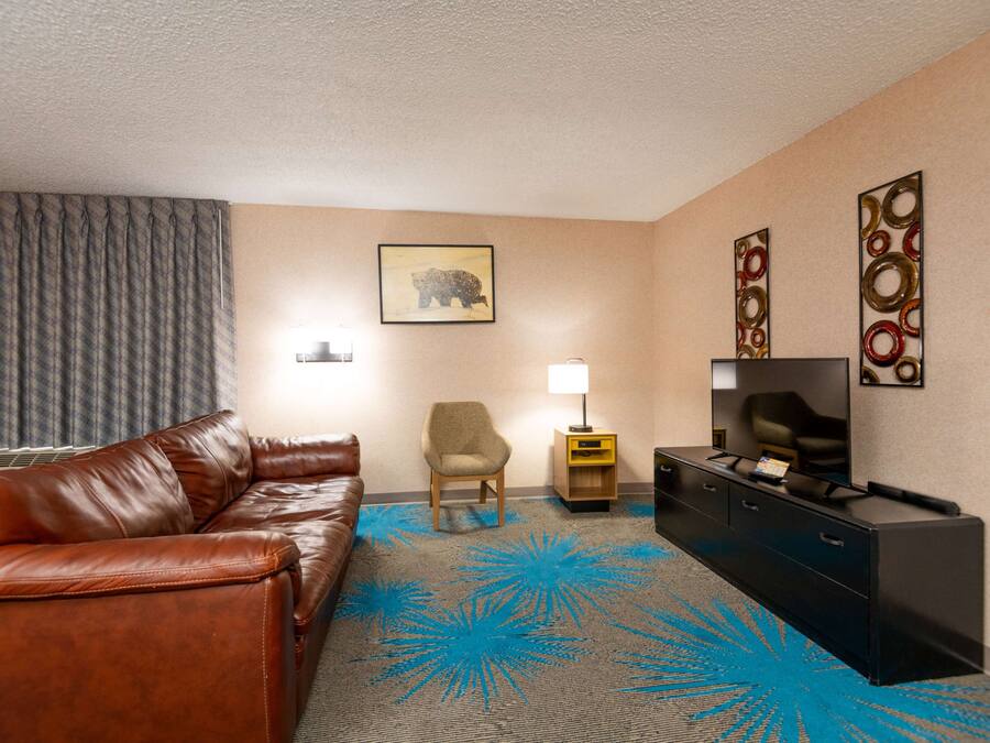 A hotel room with a brown leather sofa, a wooden chair, a small table with a lamp, a TV on a black stand, and a blue patterned carpet.