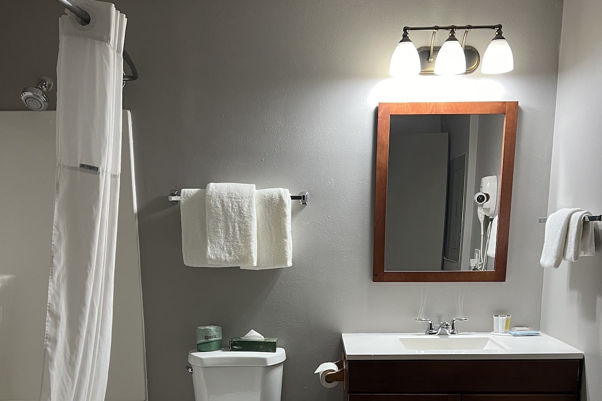 A bathroom with a toilet, sink, vanity, and shower.