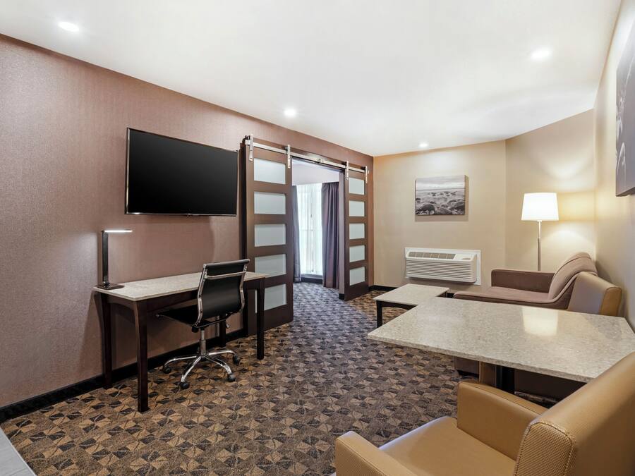 A hotel room with a desk, chair, sofa, TV, and a patterned carpet.